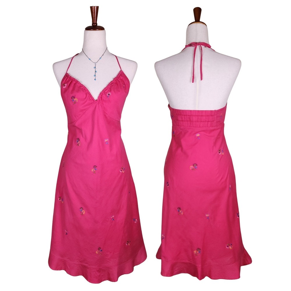 Vintage Y2K Express Halter Dress Sz 10 Hot Pink Open Back V-Neck Fairy Festival